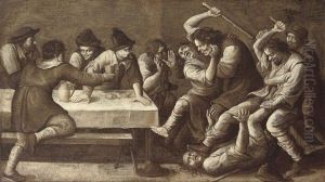 A Peasant Brawl In An Inn; En Grisaille by Joos van Craesbeeck