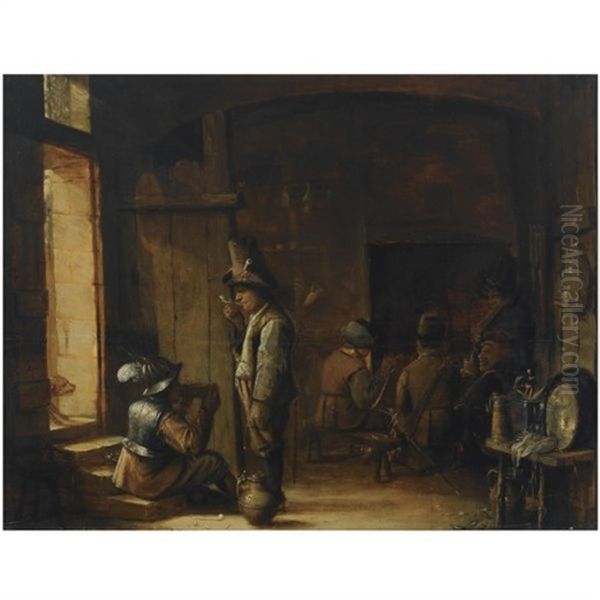 An Interior Of An Inn With A Peasant Smoking A Pipe And A Soldier Drinking, Other Figures Smoking And Drinking In The Background - view 1