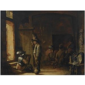 An Interior Of An Inn With A Peasant Smoking A Pipe And A Soldier Drinking, Other Figures Smoking And Drinking In The Background by Joos van Craesbeeck