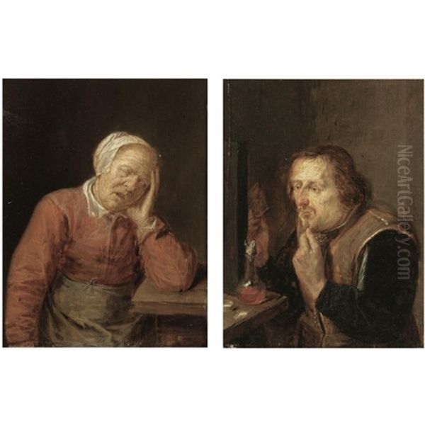 An Interior With A Peasant Woman Sleeping At A Table (+ An Interior With A Peasant Man Holding A Comb; Pair) - view 1