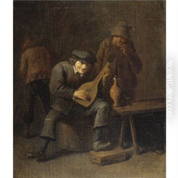 A Tavern Interior With A Boor Making Music With Two Figures Behind - view 1