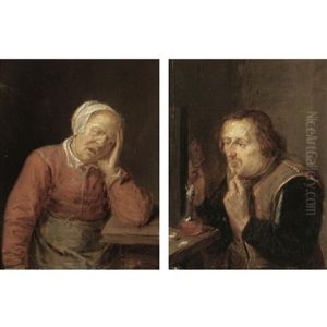 A Peasant Woman Sleeping At A Table (+ A Peasant Man Drinking And Playing Cards; Pair)