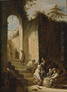 A Merry Company Around A Fireplace Near A City Gate, With A Soldier Cutting Tabacco And A Woman Tapping Wine To The Foreground by Joos van Craesbeeck