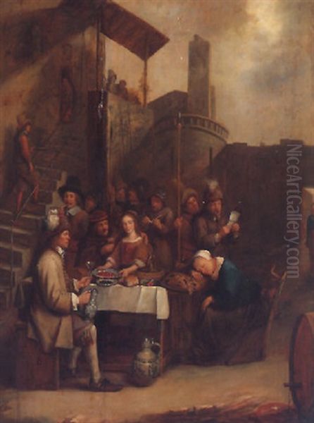 Townsfolk Eating And Drinking Within The Walls Of A Fortress - view 1
