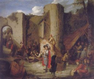 A Military Encampment With An Officer Reading A Letter Outside The Walls Of A Castle