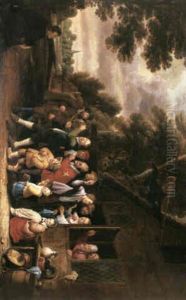 Peasants Dancing Before A Country Inn Playing Makeshift Instruments And Reading From A Declaration Whilst Other by Joos van Craesbeeck