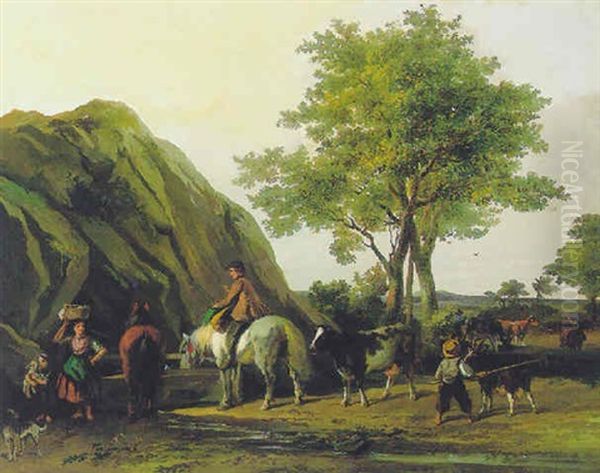 Figuren Met Paarden En Vee Bij Een Bron - view 1