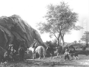 Peasants In A Field With Cattle And Horses by Gysbertus Craeyvanger