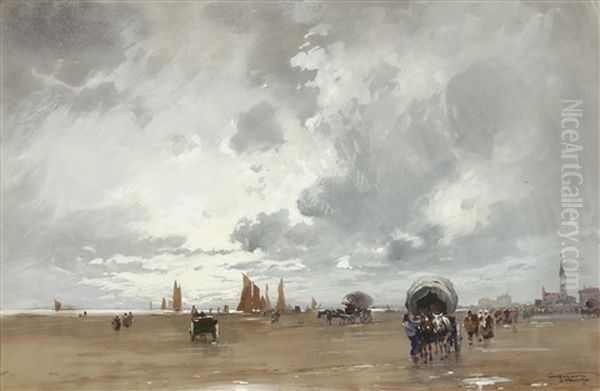 Carrozze E Figure Sulla Spiaggia by Aurelio Craffonara