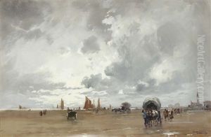 Carrozze E Figure Sulla Spiaggia by Aurelio Craffonara