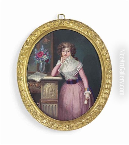 Marguerite Francoise, Comtesse De Buffon (1767-1808), In Pink Dress With Purple Sash And Gauze Fichu, Wearing A Gold And Blue Enamel Bracelet - view 1