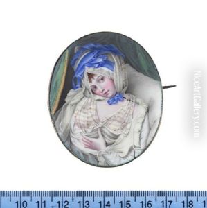 A Lady, Reclining Against A Pillow Beneath Green Drapery, Wearing White Sheer Muslin Chemise With Pale Yellow Stripes, Cream Unfastened Robe With Lace Cuffs by William Hopkins Craft