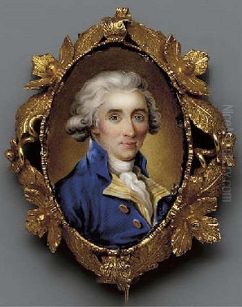 A Young Gentleman In Blue Coat With Gold Buttons, Striped Yellow Waistcoat And Lace Cravat, Powdered Wig - view 1