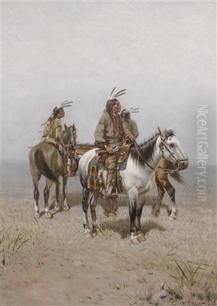 Three Plains Indians On Horseback - view 1