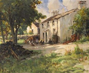 Farmhouse, Woman And Hens by James Humbert Craig