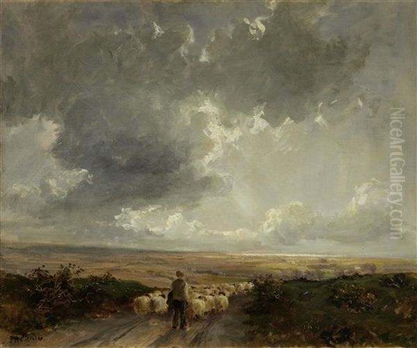 Farmer Driving Sheep On An Open Road Before A Landscape - view 1