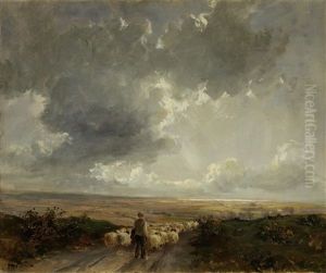 Farmer Driving Sheep On An Open Road Before A Landscape by James Humbert Craig