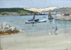 Boats In Harbour, With Children Playing On The Beach by James Humbert Craig