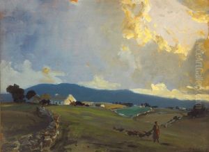 Near Dunfanaghy, County Donegal (landscape With Woman Herding A Flock Of Turkeys, Cottage Beyond) by James Humbert Craig