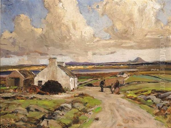Figures On A Path Before A Cottage, Bay And Mountains Beyond - view 1