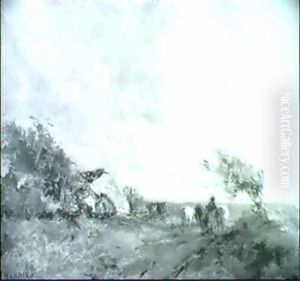 A Woman Driving Cattle In An Open Landscape