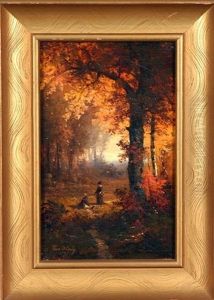 Autumn Scene With Two Figures Among Wooded Landscape Autumn Scene With Two Figures Among Wooded Landscape