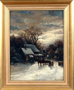 Nocturnal Winter Scene With Village And Horsedrawn Wagon