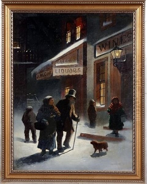 Nocturnal Winter Street Scene With Figures Walking In Snow - view 1