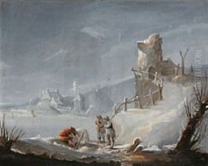 Winter Landscape With Men By A Hole In A Frozen Lake