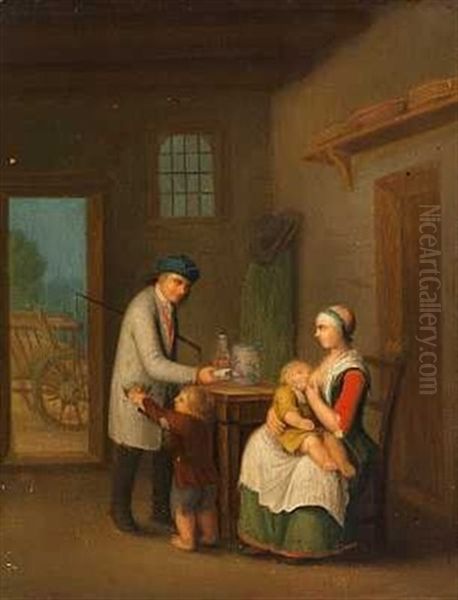Bondestueinterior Med Mor, Der Ammer Sit Barn Og Lille Dreng, Der Tager Godter Op Af Faderens Lomme (+ Bondestueinterior Med Par, Der Hjaelper Fuld Mand Pa Benene; 2 Works) - view 1