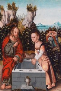 Christus Und Die Samariterin Am Brunnen by Lucas Cranach the Elder