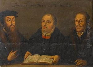 Portrait Of Martin Luther, Half-length, Holding A Book With Two Other Gentlemen In Black Costume