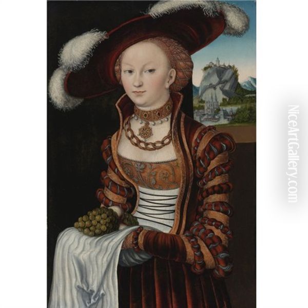Portrait Of A Young Lady Holding Grapes And Apples - view 1