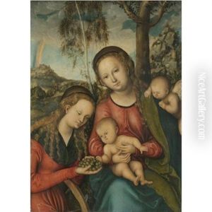 The Virgin And Child With Saint Catherine Holding A Bunch Of Grapes, A Winged Cherub Behind by Lucas Cranach the Elder