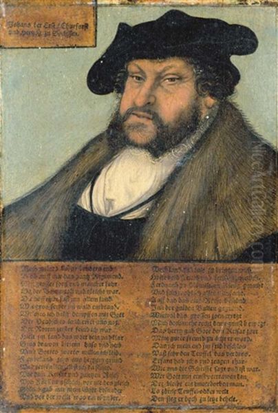 Portrait Of John The Steadfast, Elector Of Saxony, Bust-length, In A White Shirt, Fur-lined Coat, And Black Hat (in Collab. W/studio Of Lucas Cranach) - view 1