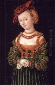 Portrait Of A Young Woman As A Court Beauty, Wearing A Red Cap And A Green Dress Trimmed With Gold, Her
Decolletage Bedecked With Gold Chains by Lucas Cranach the Elder