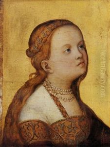 A Lady In A White Dress Decorated With Gold Trim And Seed Pearls by Lucas Cranach the Elder