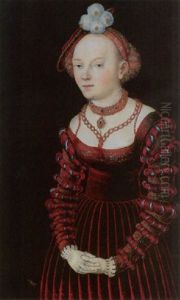 Portrait Of A Young Lady Dressed In A Red Velvet Dress And Wearing A Plumed Cap by Lucas Cranach the Elder