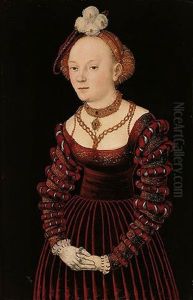 Portrait Of A Young Lady, Standing, Dressed In A Red Velvet Dress And Wearing A Plumed Cap