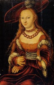 Portrait Of A Young Lady Wearing A Red And Orange Dress And A Wide-brimmed Plumed Hat, Holding A Flower by Lucas Cranach the Elder