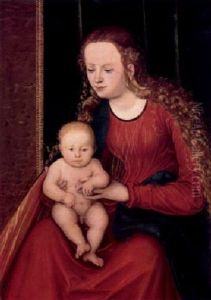 Maria Mit Dem Kind Vor Einem Dunkelgrunen Samtvorhang by Lucas Cranach the Elder