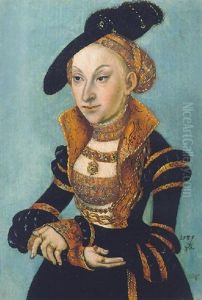 Portrait Of Sibylle Von Cleve, Electress Of Saxony, Wearing An Elaborate Black Dress And A Black Feathered Hat by Lucas Cranach the Elder