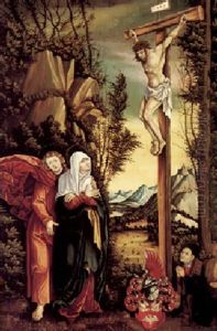 A Rocky Landscape With Christ On The Cross, Mourned By Saint John The Evangelist And The Virgin, And A Donor by Lucas Cranach the Elder