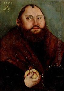 Portrait Of The Elector John Frederick Of Saxony, Bust Length, In Black Coat And Fur Collar, Holding A Pomegranate