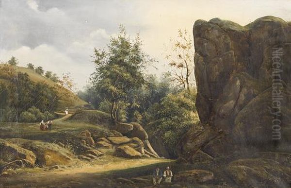 Landschaftspartie Mit Fels Und Figurenstaffage. - view 1