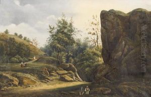 Landschaftspartie Mit Fels Und Figurenstaffage. by Gaspard Anrioud