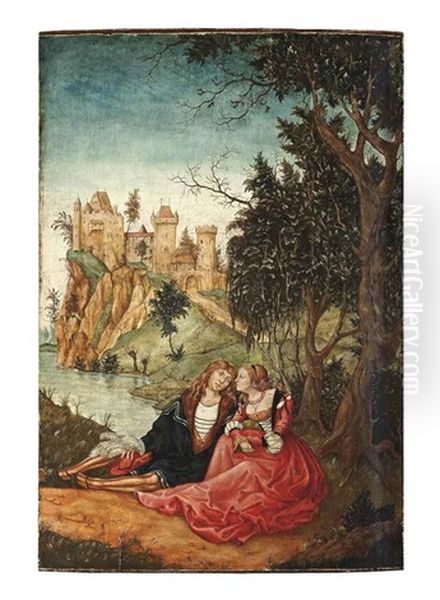 A Wooded River Landscape With An Amorous Couple At Rest Under A Tree, A Fortified Castle Beyond - view 1