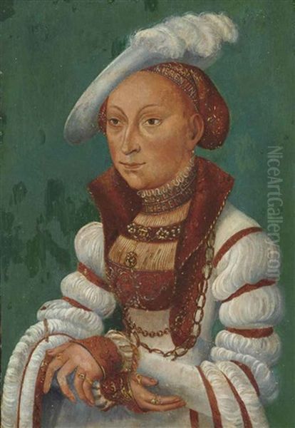 Portrait Of Sibylle Von Cleve, Electress Of Saxony (1510-1554), Half- Length, In A White Dress With Bands Of Gold And A White Feathered Hat - view 1