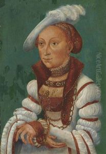 Portrait Of Sibylle Von Cleve, Electress Of Saxony (1510-1554), Half- Length, In A White Dress With Bands Of Gold And A White Feathered Hat by Lucas The Younger Cranach