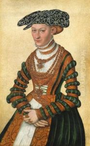 Portrait Of A Lady, Three-quarter Length, In A Green Velvet And Orange Dress And A Pearl-embroidered Black Hat